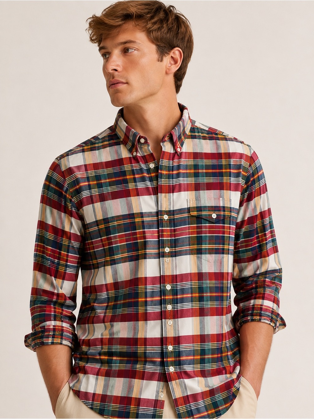 Vintage Ralph Lauren Men’s L Madras Plaid Button Down Shirt Preppy 90s